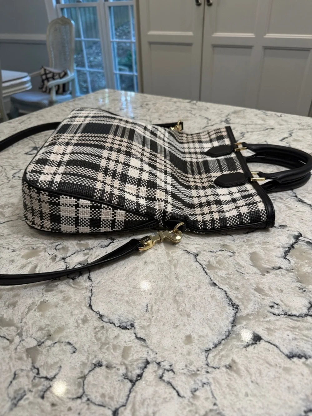 Tory Burch Woven Robinson Foldover Messenger in Black and White Plaid